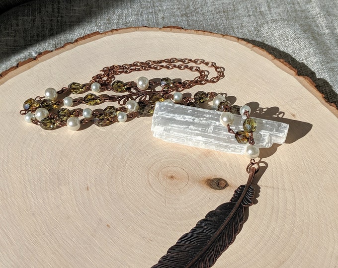 Country Chic Green Necklace & Earrings Set | Long 30” Pearl and Czech Glass Necklace with Copper Feather Pendant