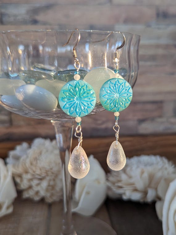 Glass Blue Snowflake Drop Earrings