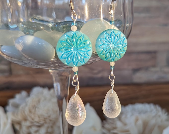 Glass Blue Snowflake Drop Earrings