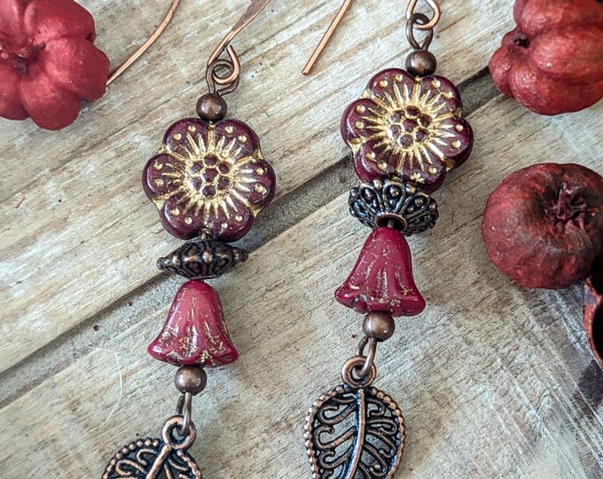Burgundy Boho Flower Earrings | Czech Glass Floral Beads with Gold & Copper Accents | Rustic Fall Jewelry
