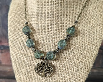 Rustic Green Table-cut Czech Glass Necklace with Tree of Life Charm