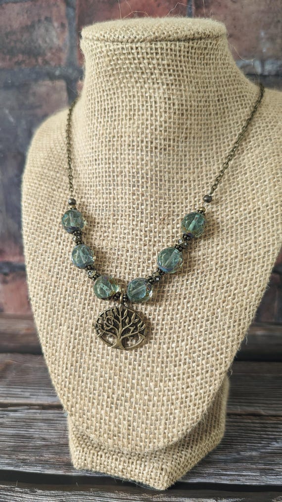 Rustic Green Table-cut Czech Glass Necklace with Tree of Life Charm