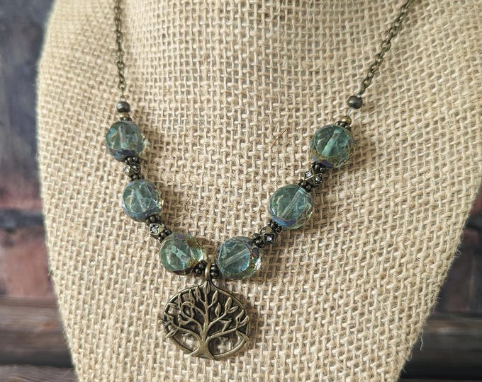 Rustic Green Table-cut Czech Glass Necklace with Tree of Life Charm