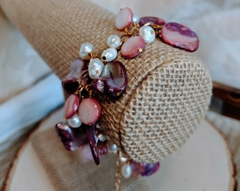 Pearly Pink Bracelet | White & Pink Pearl Charm Bracelet on Gold Brass Chain