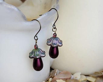 Maroon & Green Mushroom Earrings | Czech Glass Beads on Stainless Steel Hooks