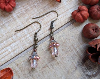 Small Light Pink Mushroom Earrings | Czech Glass Beads on Stainless Steel Hooks