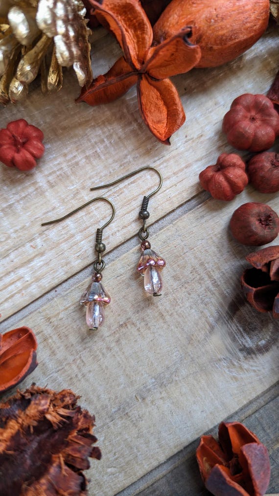 Small Light Pink Mushroom Earrings | Czech Glass Beads on Stainless Steel Hooks