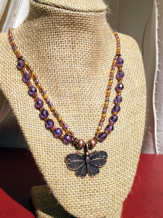 Purple Shimmer Jewelry Set | Necklace, Bracelet & Earrings with Czech Glass Beads and Copper Butterfly Charm