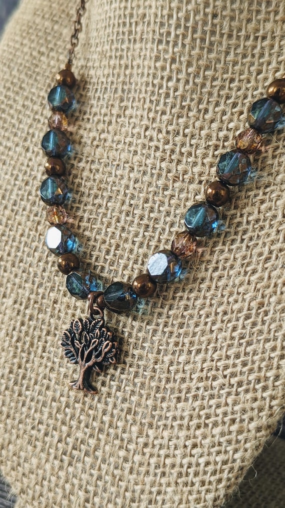 Rustic Copper and Blue Table-cut Czech Glass Necklace with Tree of Life Charm