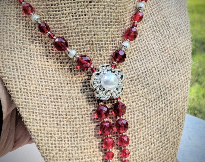 Red Glass Beaded Necklace with Pearls & Crystal Accent | Christmas Charm Necklace | 18” Toggle Clasp