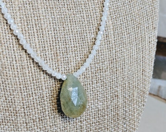 Aquamarine Teardrop Necklace with Moonstone Accents | Delicate 18” Chain | Elegant Handmade Jewelry