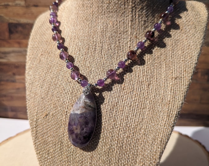 Large Amethyst Teardrop Pendant Necklace | 18” Silver Accented Gemstone Necklace with Toggle Clasp