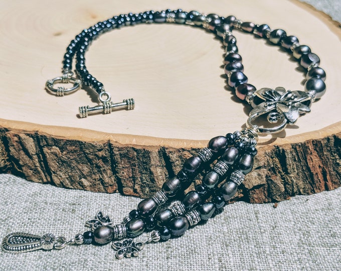 Blue Glass Pearl Beaded Necklace with Silver Flower Charms | 18” Toggle Clasp | Nickel-Free Handmade Jewelry