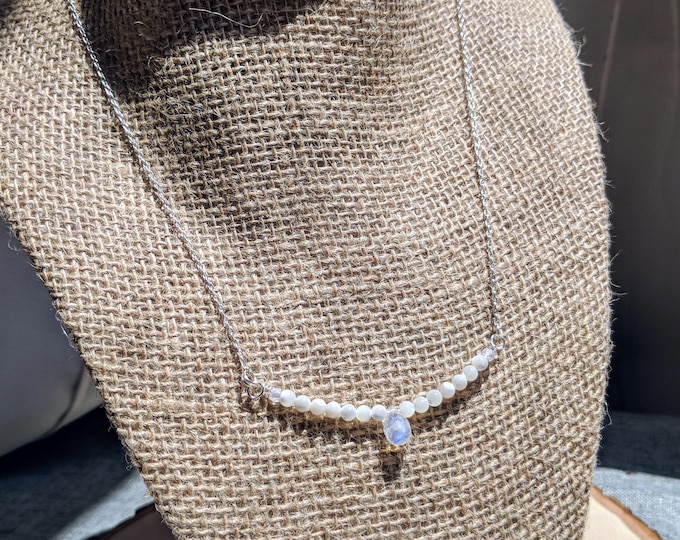 Moonstone & Mother of Pearl Necklace | June Birthstone Jewelry | 16” Chain with Teardrop Pendant
