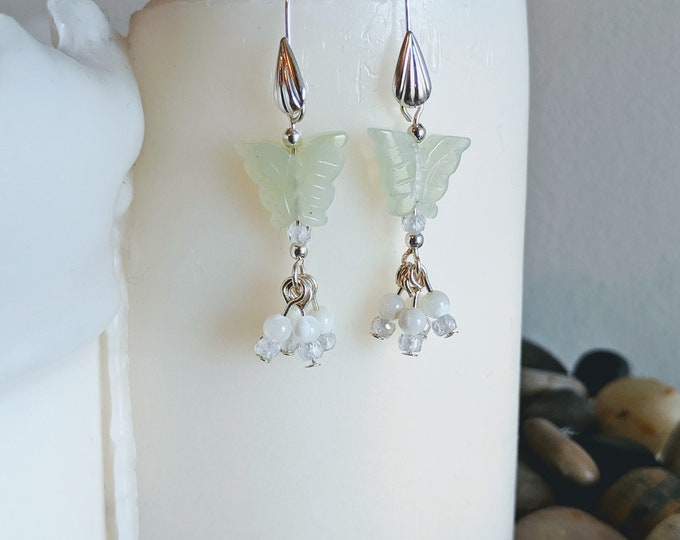 Aquamarine Butterfly Earrings with Moonstone Accents | Handmade Gemstone Jewelry | Gift for Her