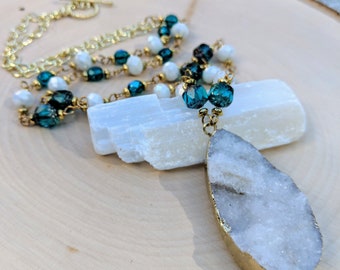 White Quartz Druzy Necklace with Earrings | 30” Teal & White Beaded Necklace with Gold Accents