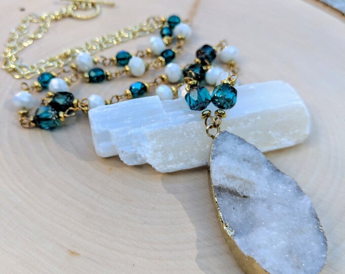 White Quartz Druzy Necklace with Earrings | 30” Teal & White Beaded Necklace with Gold Accents