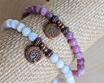 Yoga Bracelet Stack | Cream Crazy Lace Agate & Purple Lepidolite Beaded Bracelets with Copper Tree of Life and Lotus Charms