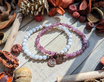 Yoga Bracelet Stack | Cream Crazy Lace Agate & Purple Lepidolite Beaded Bracelets with Copper Tree of Life and Lotus Charms