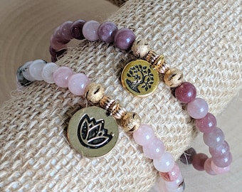 Yoga Bracelet Stack | Strawberry Quartz & Morganite Beaded Bracelets with Gold Tree of Life and Lotus Charms