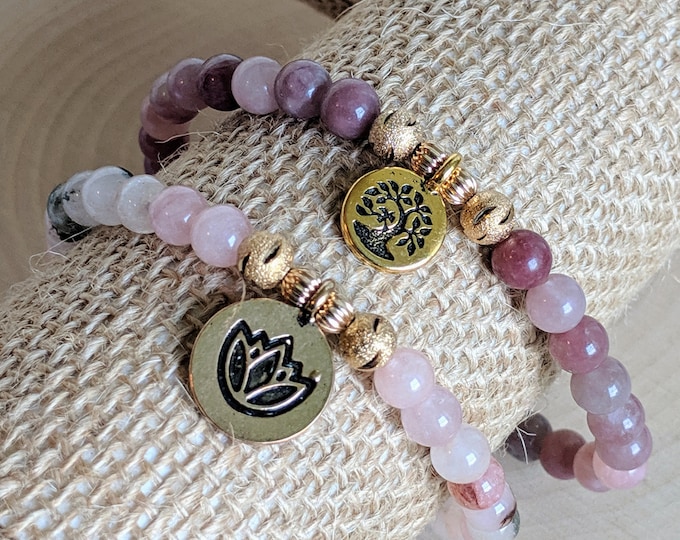 Yoga Bracelet Stack | Strawberry Quartz & Morganite Beaded Bracelets with Gold Tree of Life and Lotus Charms