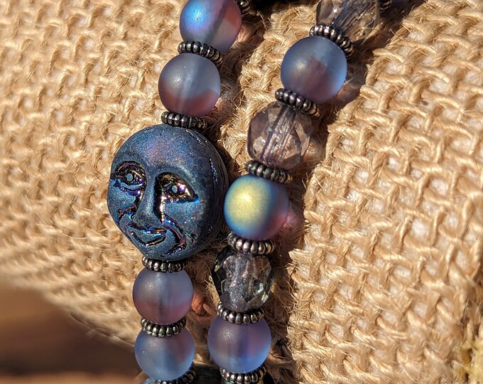 Handmade Blue Czech Glass Bead Bracelet with Moon Face | Boho Jewelry | Gift for Her | 7.5” Beaded Bracelet with Silver Toggle Clasp