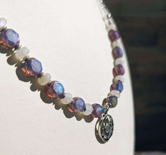 Opalite and Purple Table-cut Czech Glass Necklace with Thistle Charm