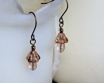 Small Light Pink Mushroom Earrings | Czech Glass Beads on Stainless Steel Hooks