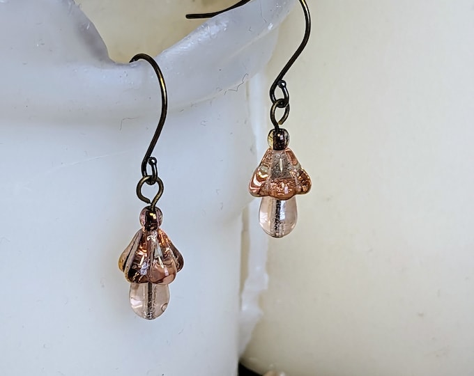 Small Light Pink Mushroom Earrings | Czech Glass Beads on Stainless Steel Hooks