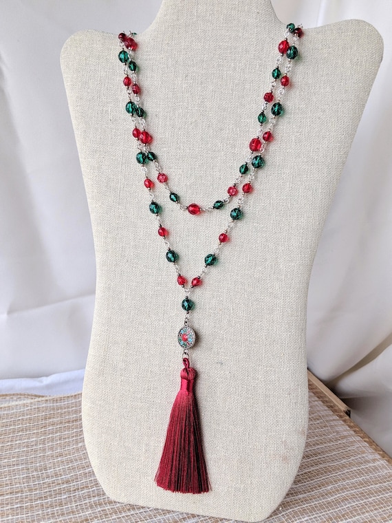 Boho Red & Teal Czech Glass Necklace and Earrings Set | Fire Polished Beads with Silver Charms, Silk Tassel