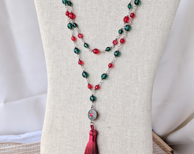 Boho Red & Teal Czech Glass Necklace and Earrings Set | Fire Polished Beads with Silver Charms, Silk Tassel