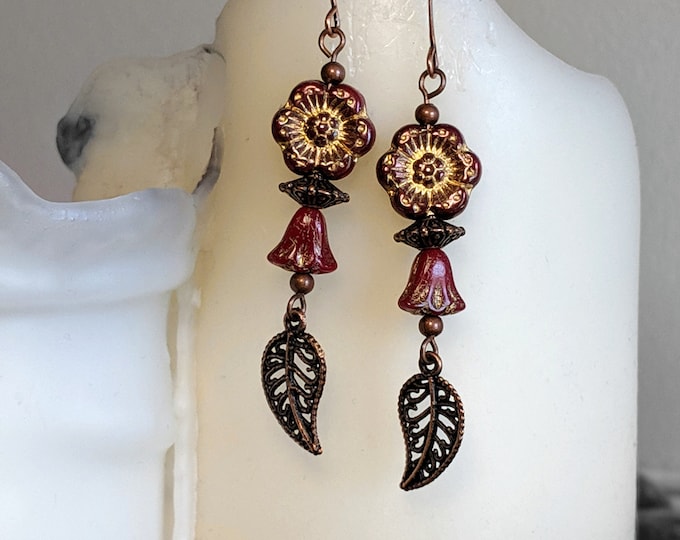 Burgundy Boho Flower Earrings | Czech Glass Floral Beads with Gold & Copper Accents | Rustic Fall Jewelry