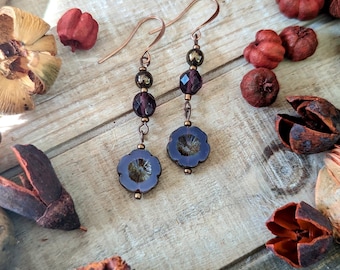 Purple Boho Flower Earrings | Czech Glass Hibiscus Bead Dangle Earrings with Copper Accents | Handmade Jewelry