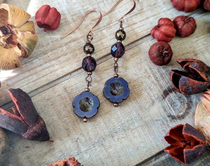 Purple Boho Flower Earrings | Czech Glass Hibiscus Bead Dangle Earrings with Copper Accents | Handmade Jewelry