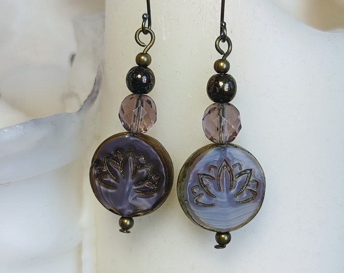 Lotus Flower Dangle Earrings | Czech Glass Bead Earrings on Fishhook Findings