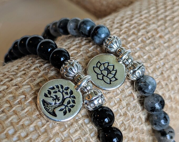 Yoga Bracelet Stack with Black Onyx, Labradorite, and silver, Charms