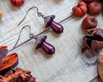 Maroon & Green Mushroom Earrings | Czech Glass Beads on Stainless Steel Hooks