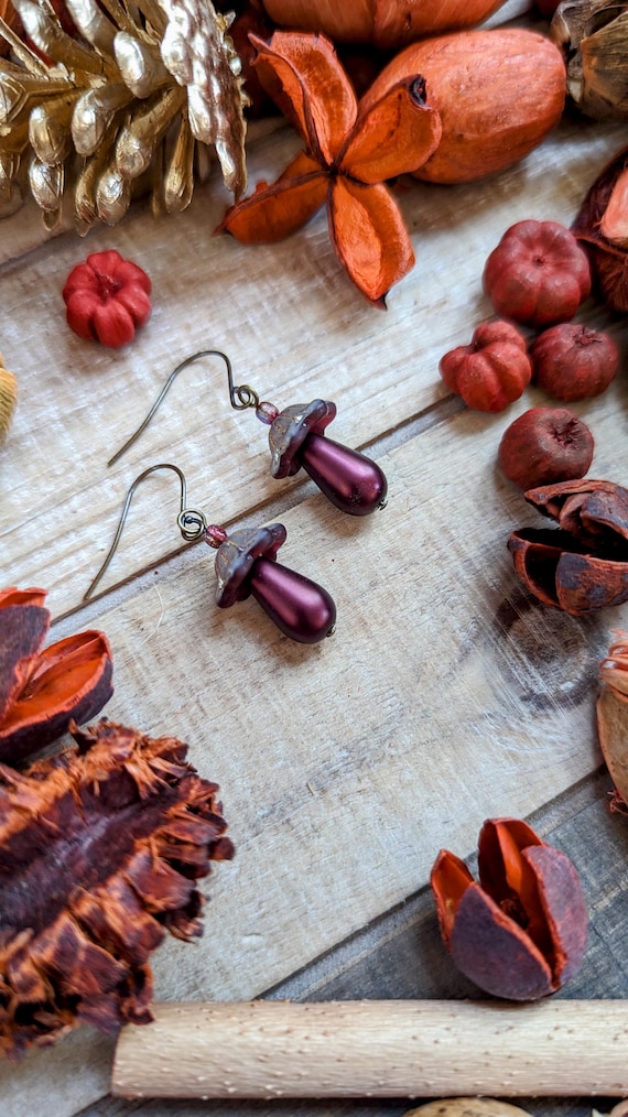 Maroon & Green Mushroom Earrings | Czech Glass Beads on Stainless Steel Hooks