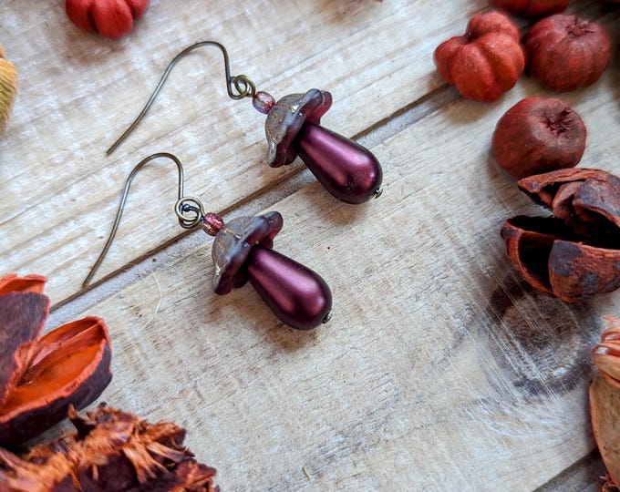 Maroon & Green Mushroom Earrings | Czech Glass Beads on Stainless Steel Hooks