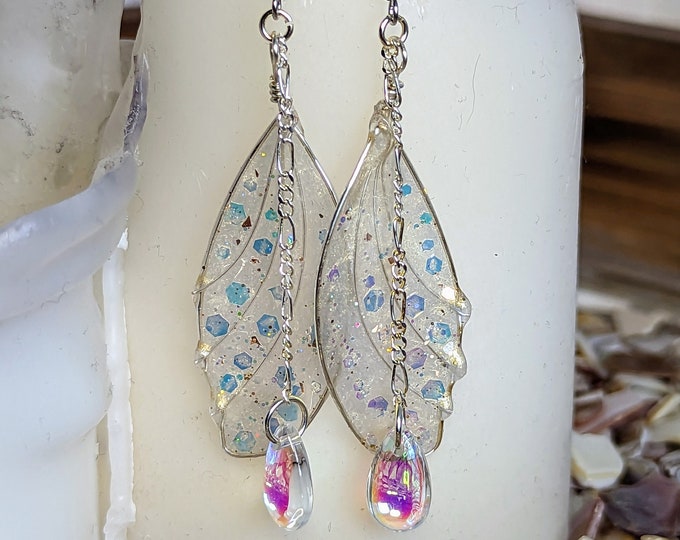 Fairy Wing Earrings | Handmade Wire & Resin Jewelry with Glitter, AB Teardrop Bead | Renaissance Faire or Fantasy Gift