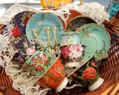 Mismatched Tea Cups and Saucers. Frida Fiesta Tea Party for Bridal Shower, Baby Shower, Birthday favors, with teapot, tea ribbon tea spoon