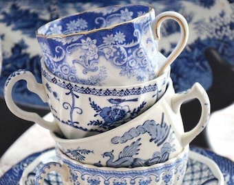 Blue and White Tea Party  Tea Cups and Saucers. Mismatched for Birthday  Bridal Shower  Baby Shower with tea, spoon, napkin and gift box