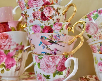 Mismatched Tea Cups and Saucers  Party favors for Birthday  Bridal Luncheon  Baby Shower. Comes with tea, spoon, napkin and gift box