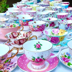 Mismatched Tea Cups and Saucers  Party favors for Birthday  Bridal Luncheon  Baby Shower. Comes with tea, spoon, napkin and gift box