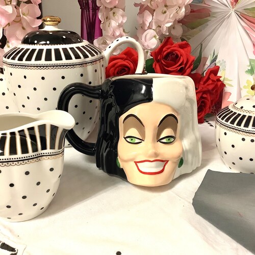 Personalized Villains shops Cruella Tea Party. Cruella Cup, Black White Porcelain Teapot sugar bowl, creamer, napkin, Cruella Inspired Wicked Tea