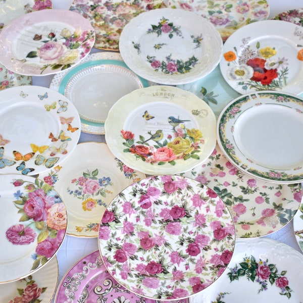 Mismatched Plates  China  porcelain dishes  new vintage mix and match. Wedding rehearsal dinner, birthday party, Bridesmaid Luncheon (7-8)