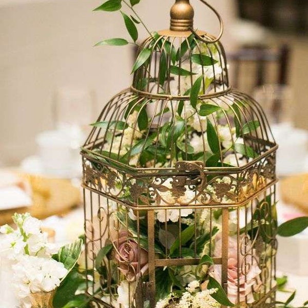 Gold Birdcage  Engagement Wedding Card Holder  Dinner Centerpiece  Decoration, Planter. Metal Cage with Hook to Hang, Door and swing top