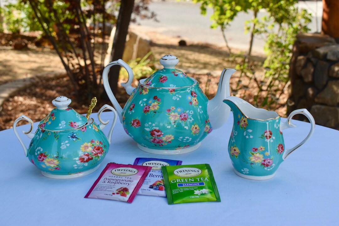 Tea Set. Chintz Turquoise Teal Flowers Porcelain Teapot Sugar Etsy