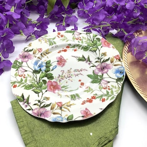 Plate. Hibiscus Flowers, purple, red, lavender and pink. Scalloped Salad, Dessert Plate Fine Porcelain. Serving Platter Table Centerpiece
