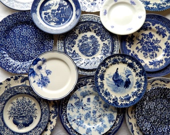 Blue and White Plates Dinner  Mismatched china  porcelain dishes  new vintage, mix and match. Wedding rehearsal,  Bridesmaid Luncheon (9-10)